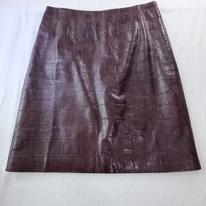 VTG Margaret Godfrey Brown Leather Skirt Croc Embossed Side Slit Lined Size 8